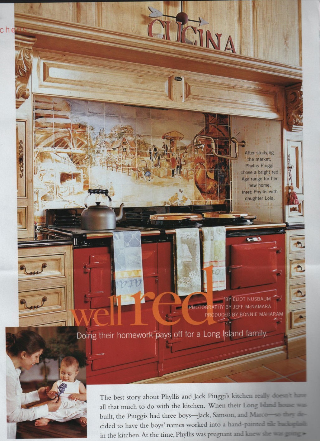 Traditional Home Red AGA with pine cabinetry